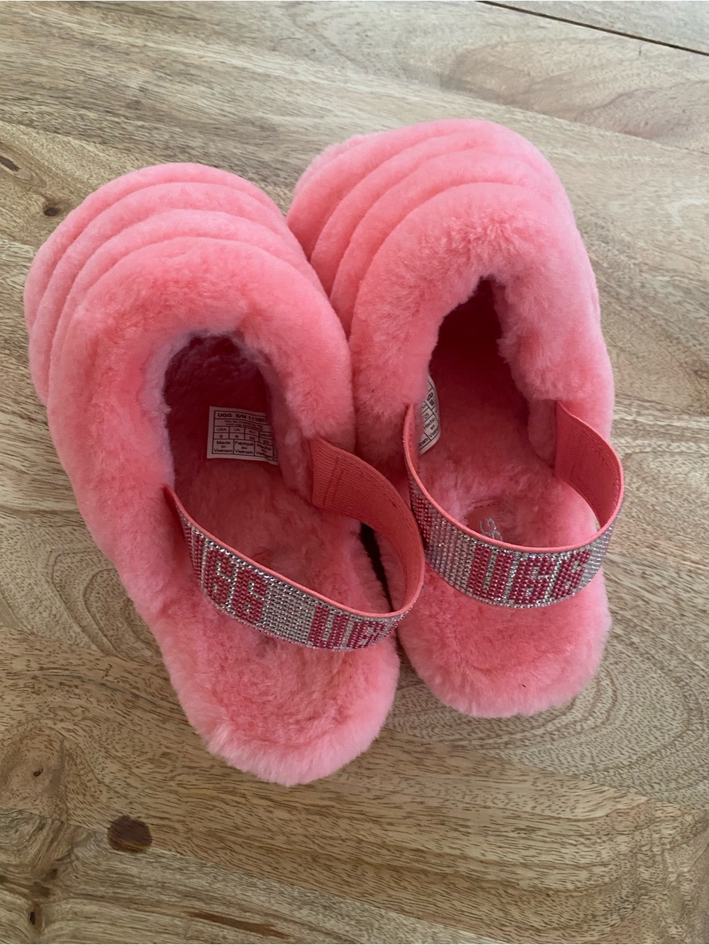 UGG Coral Pink Fluff Yeah Slides with Rhinestone Back Strap
